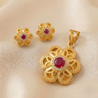 Marvel Silver 9K Gold Ruby Floral Necklace Set with Matching Earrings and White Stone Detailing – Chain Not Included