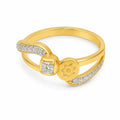 9K gold sunflower crystal ring for girls with dual-band design, square white stone and floral gold motif by Marvel Silver.