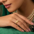9K gold sunflower crystal ring for girls with dual-band design, square white stone and floral gold motif by Marvel Silver.