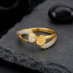 9K gold sunflower crystal ring for girls with dual-band design, square white stone and floral gold motif by Marvel Silver.