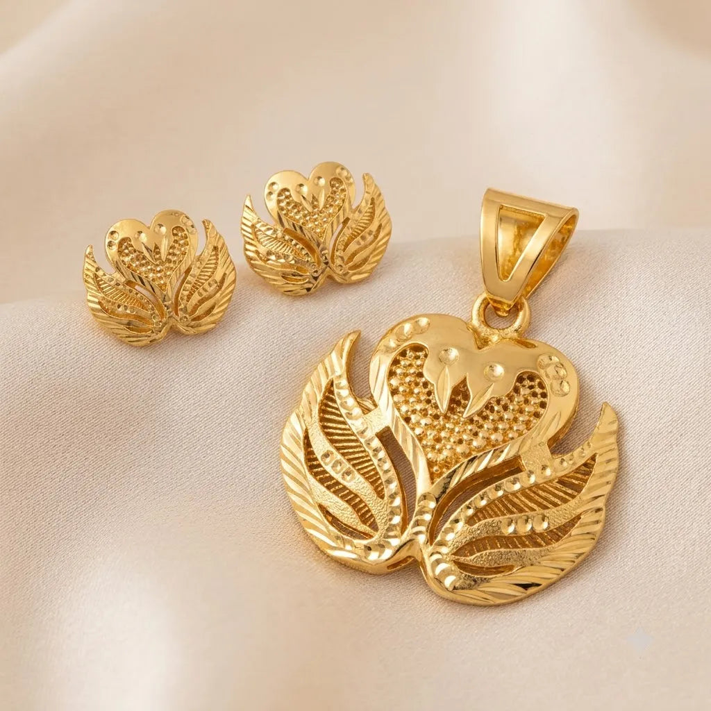 Marvel Silver 9K Gold Swan Heart Necklace Set with Matching Earrings for Women, Elegant Designer Pendant Set, Chain Not Included