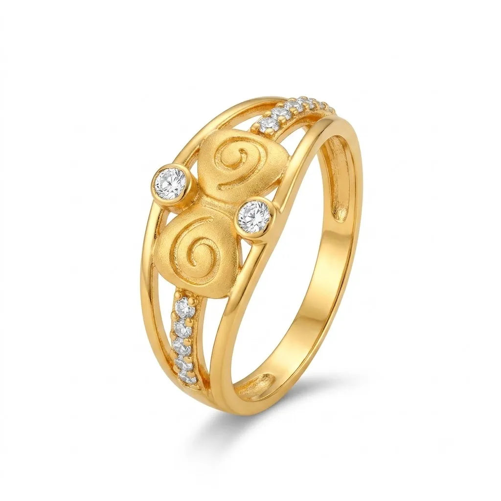 9K gold swirl crystal ring for girls with double-swirl design, white stone accents and polished gold finish by Marvel Silver.