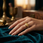 9K gold swirl crystal ring for girls with double-swirl design, white stone accents and polished gold finish by Marvel Silver.