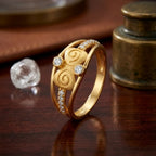9K gold swirl crystal ring for girls with double-swirl design, white stone accents and polished gold finish by Marvel Silver.