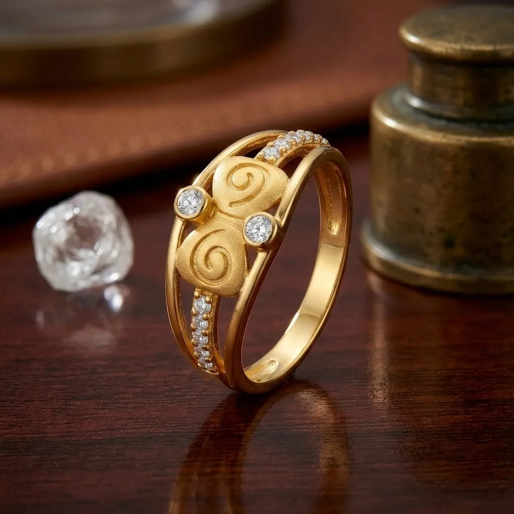 9K gold swirl crystal ring for girls with double-swirl design, white stone accents and polished gold finish by Marvel Silver.