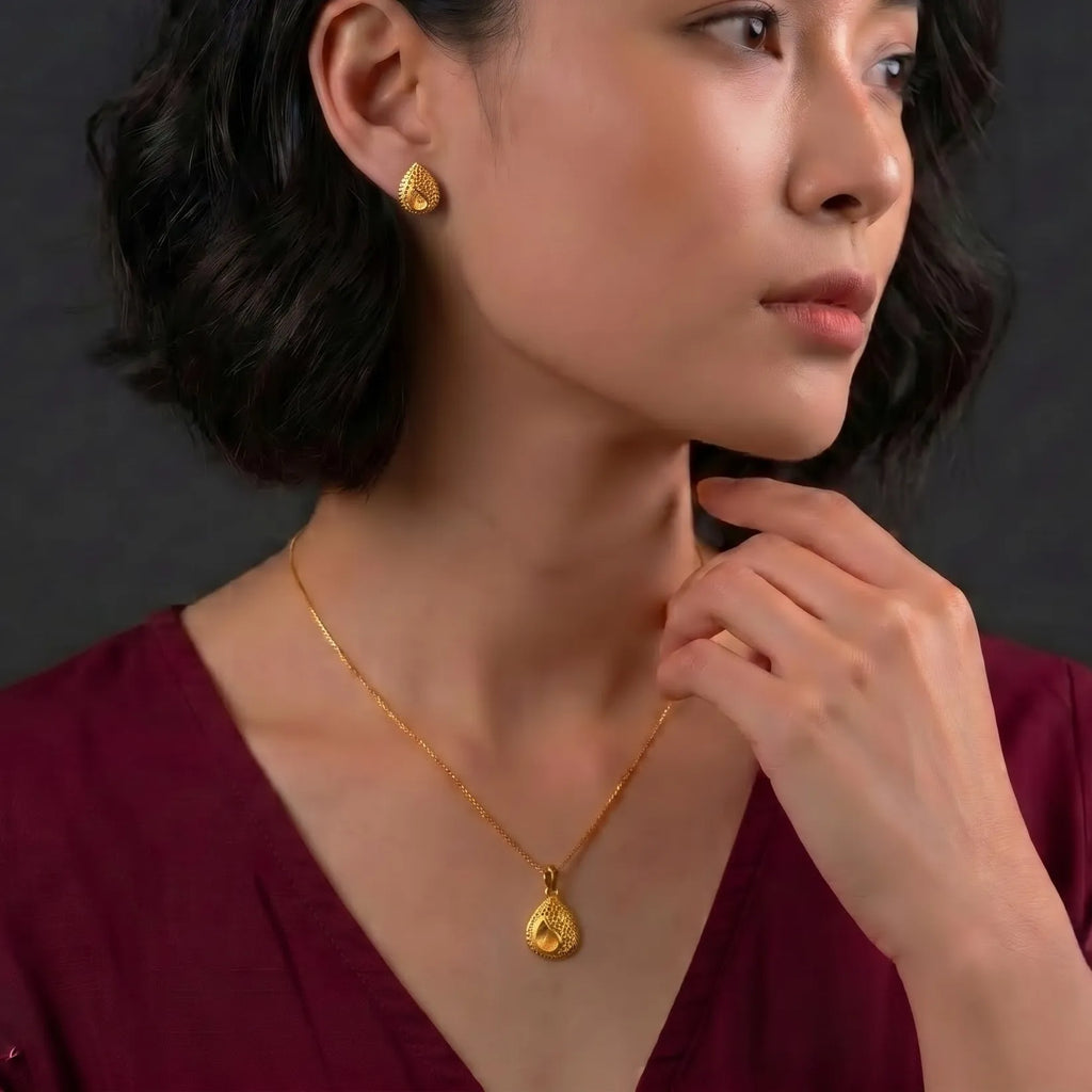 Marvel Silver 9K Gold Teardrop Filigree Pendant and Matching Earrings Necklace Set for Women – Chain Not Included