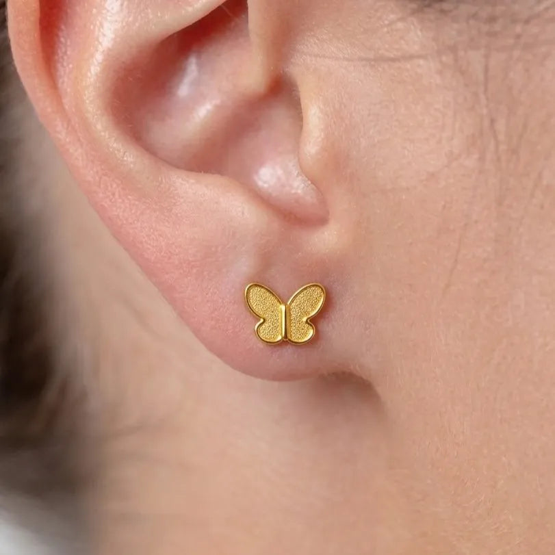 Marvel Silver 9K Gold textured butterfly stud earrings for girls with a minimalist designer butterfly shape and elegant gold finish.