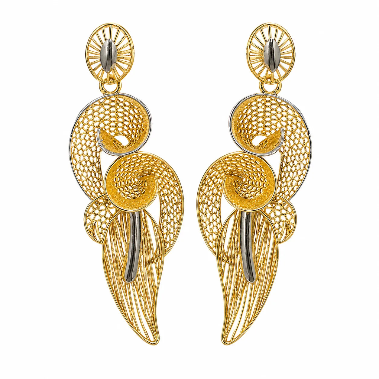 9K gold two-tone designer long drop earrings for girls by Marvel Silver
