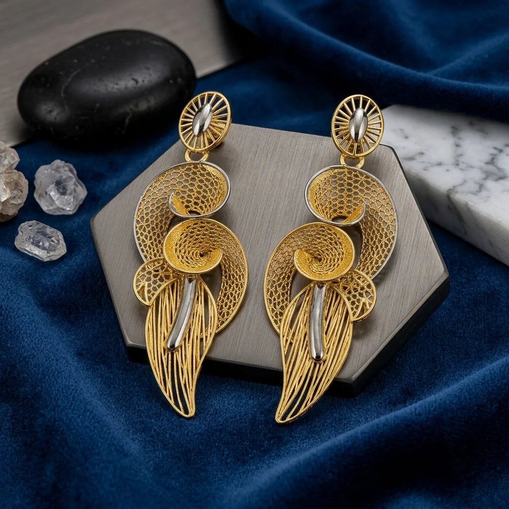 9K gold two-tone designer long drop earrings for girls by Marvel Silver