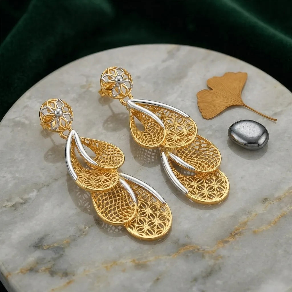 9K gold two-tone floral drop earrings for girls by Marvel Silver