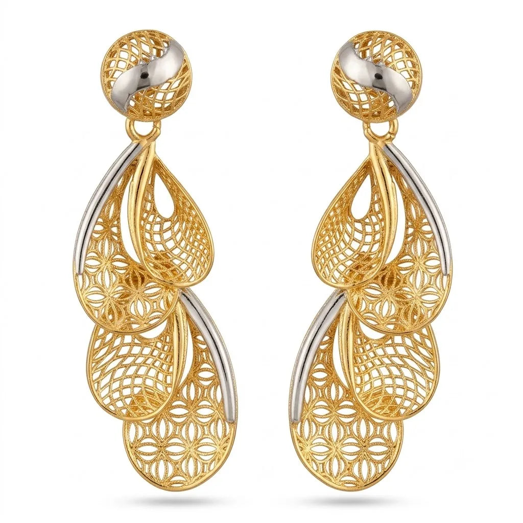 9K gold two-tone floral filigree drop earrings for girls by Marvel Silver