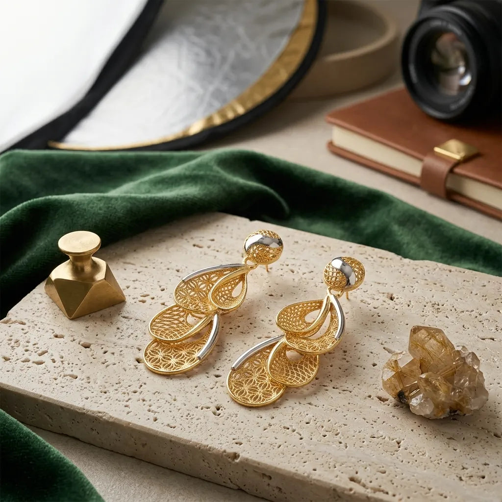 9K gold two-tone floral filigree drop earrings for girls by Marvel Silver