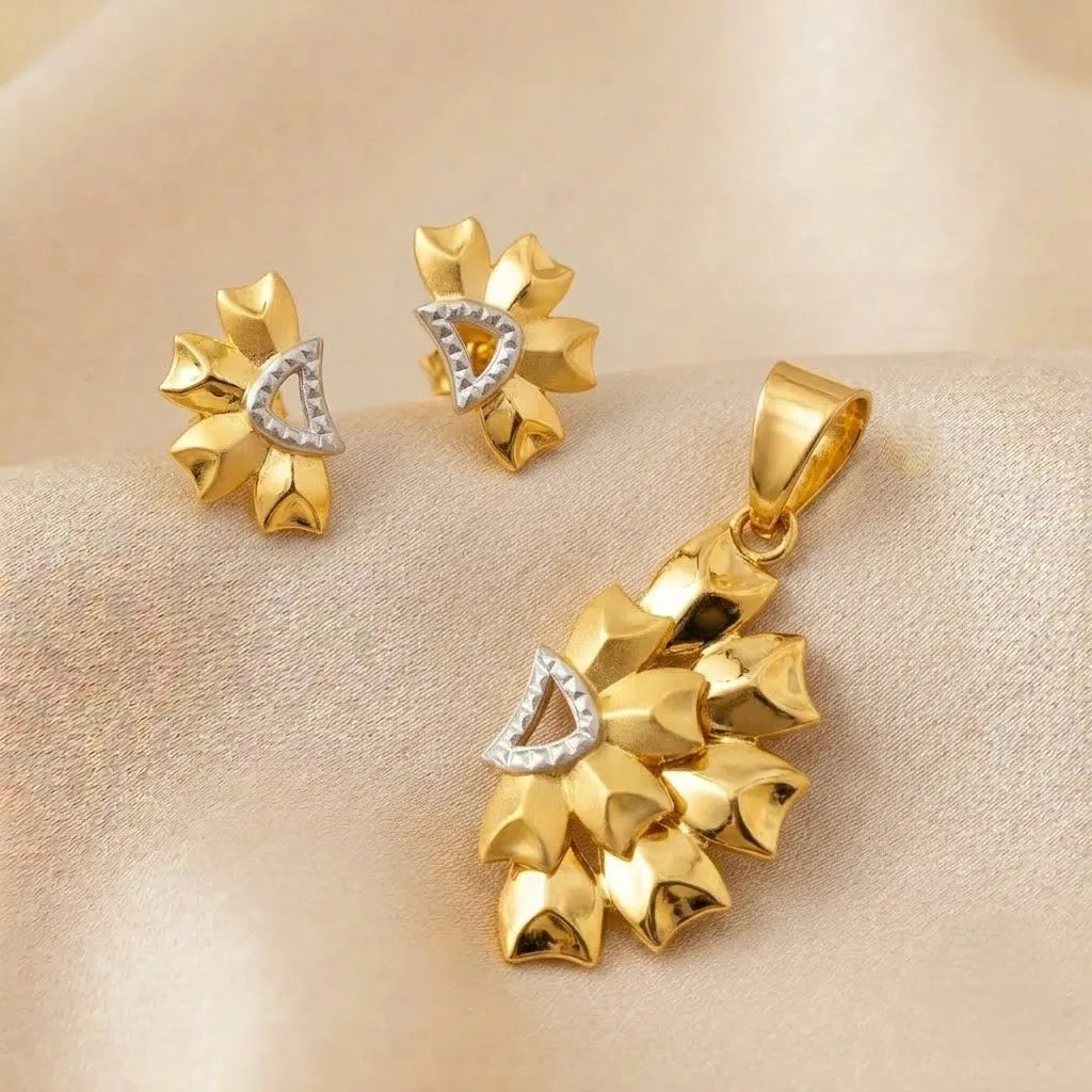 Marvel Silver 9K Gold Two-Tone Floral Leaf Necklace Set with Matching Earrings for Women – Chain Not Included
