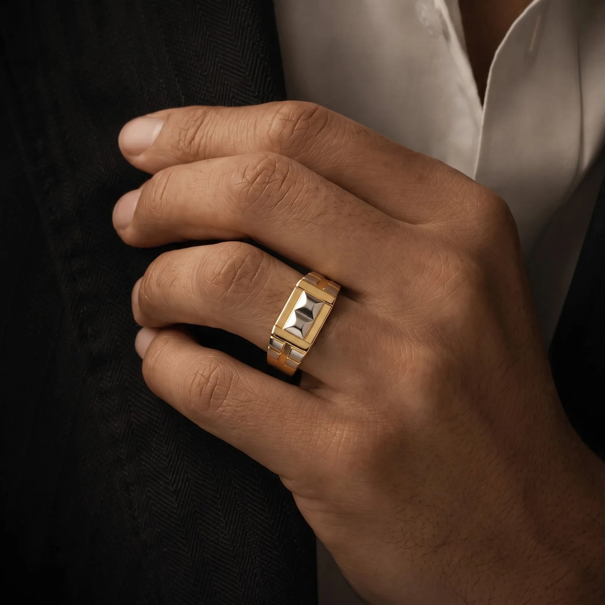 Marvel Silver 9K Gold Two-Tone Geometric Rectangular Ring for Boys and Men