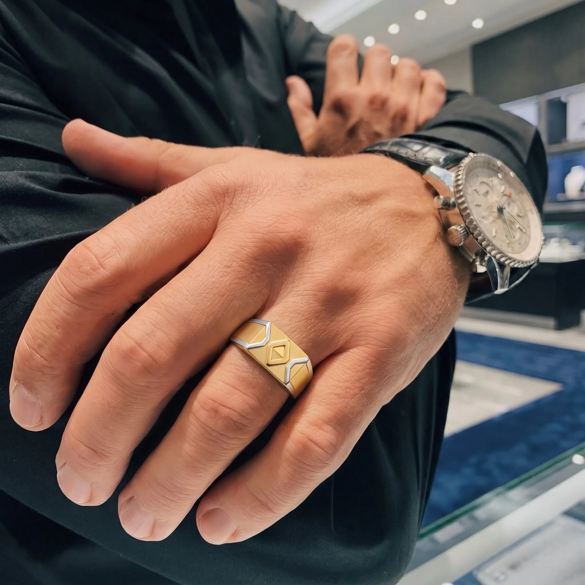 Marvel Silver 9K Gold Two-Tone Geometric Shield Ring for Boys and Men