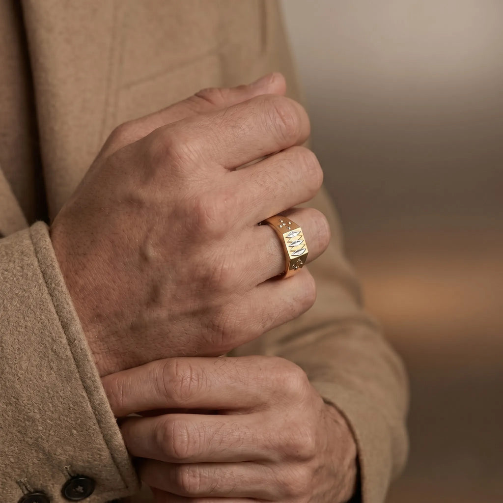 Marvel Silver 9K Gold Two-Tone Leaf Pattern Ring for Boys and Men