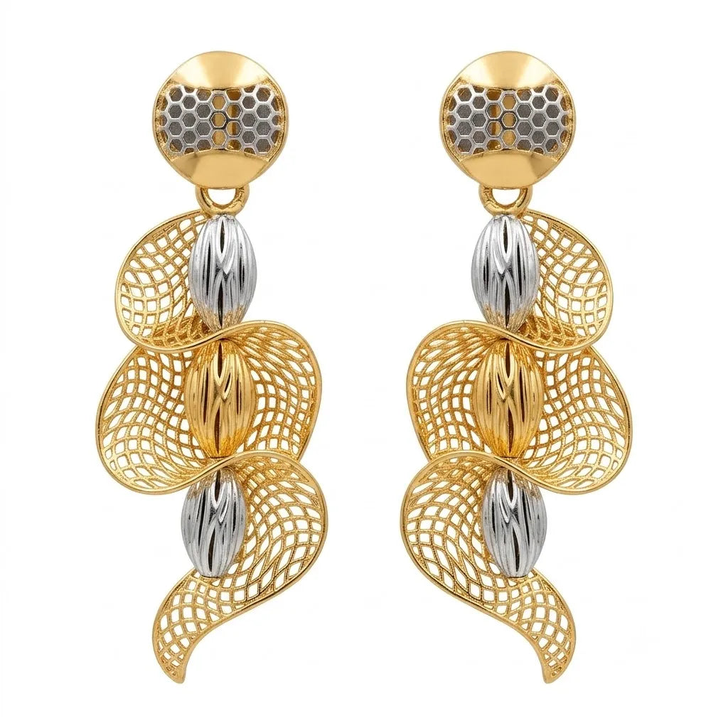 9K gold two-tone mesh designer long earrings for girls by Marvel Silver
