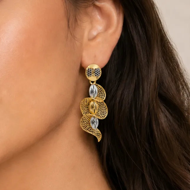 9K gold two-tone mesh designer long earrings for girls by Marvel Silver