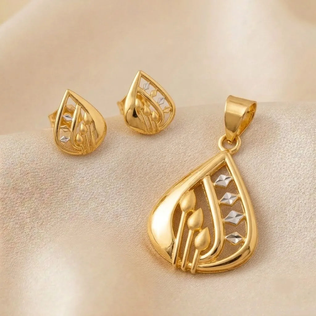 Marvel Silver 9K Gold Two-Tone Teardrop Leaf Necklace Set with Matching Earrings for Women – Chain Not Included