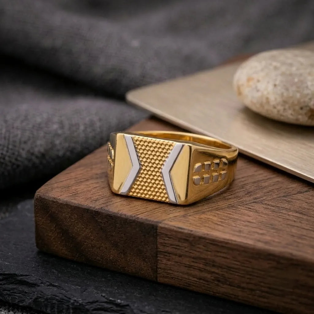 Marvel Silver 9K Gold Two-Tone Textured Grid Ring for Boys and Men