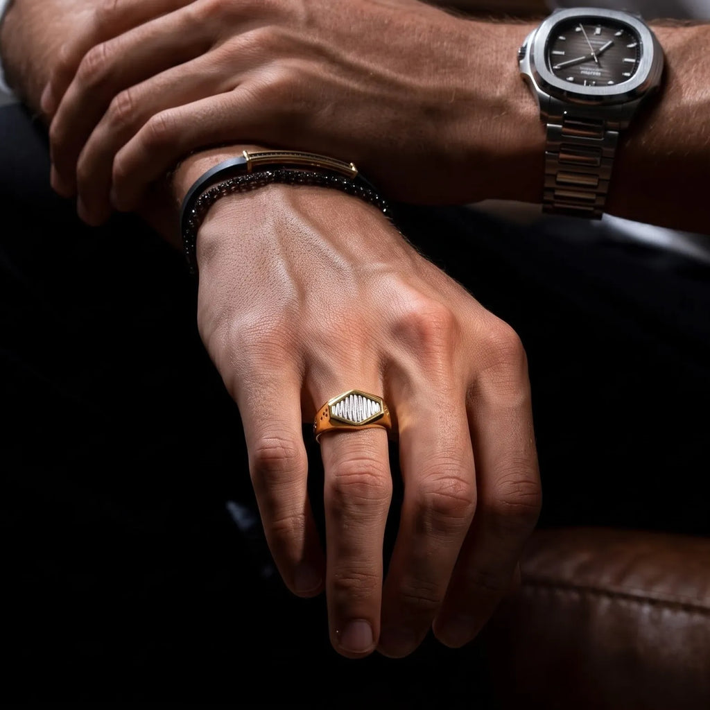 Marvel Silver 9K Gold Two-Tone Textured Signet Ring for Boys and Men