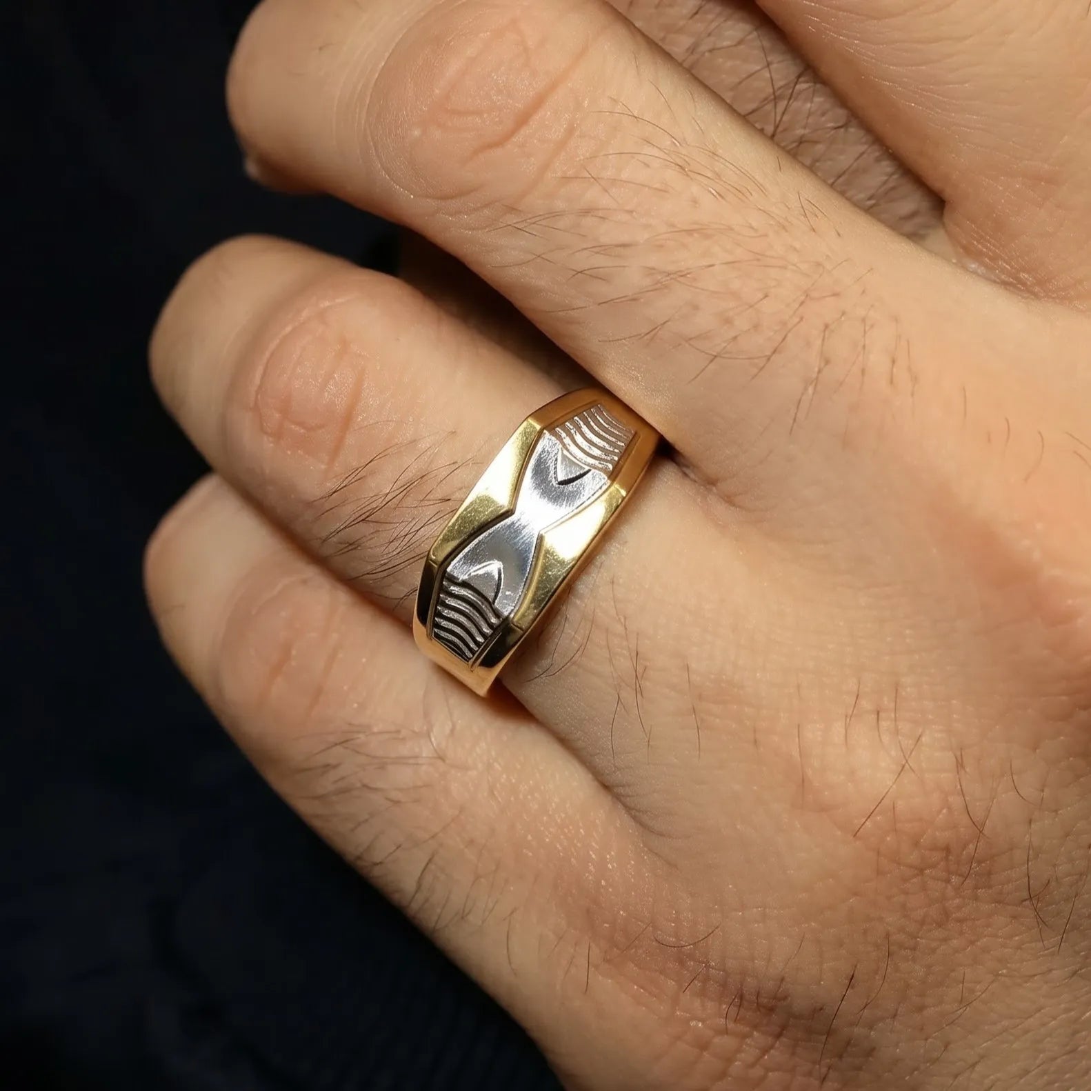 Marvel Silver 9K Gold Two-Tone Wave Signet Ring for Boys and Men