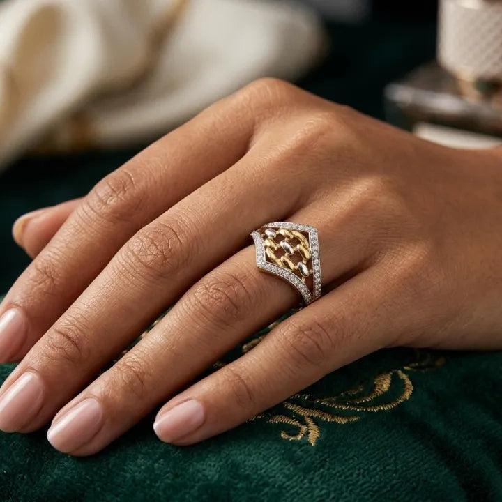 9K gold two tone crystal geometric ring for girls with openwork design, white stone borders and polished gold band by Marvel Silver.