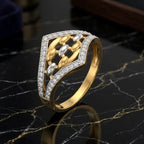 9K gold two tone crystal geometric ring for girls with openwork design, white stone borders and polished gold band by Marvel Silver.