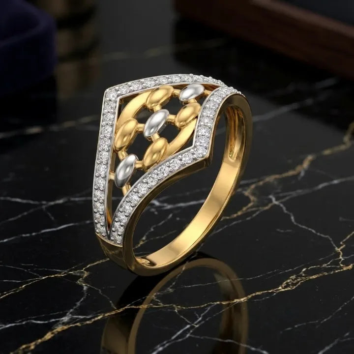9K gold two tone crystal geometric ring for girls with openwork design, white stone borders and polished gold band by Marvel Silver.