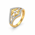 9K gold two tone crystal geometric ring for girls with openwork design, white stone borders and polished gold band by Marvel Silver.
