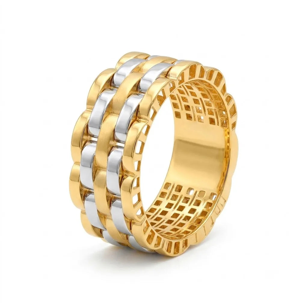 9K gold two tone Cuban link ring for men with wide layered gold and white-tone chain design by Marvel Silver.