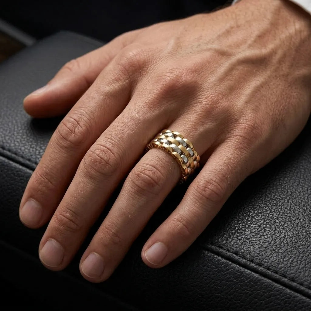 9K gold two tone Cuban link ring for men with wide layered gold and white-tone chain design by Marvel Silver.