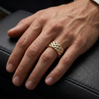 9K gold two tone Cuban link ring for men with wide layered gold and white-tone chain design by Marvel Silver.