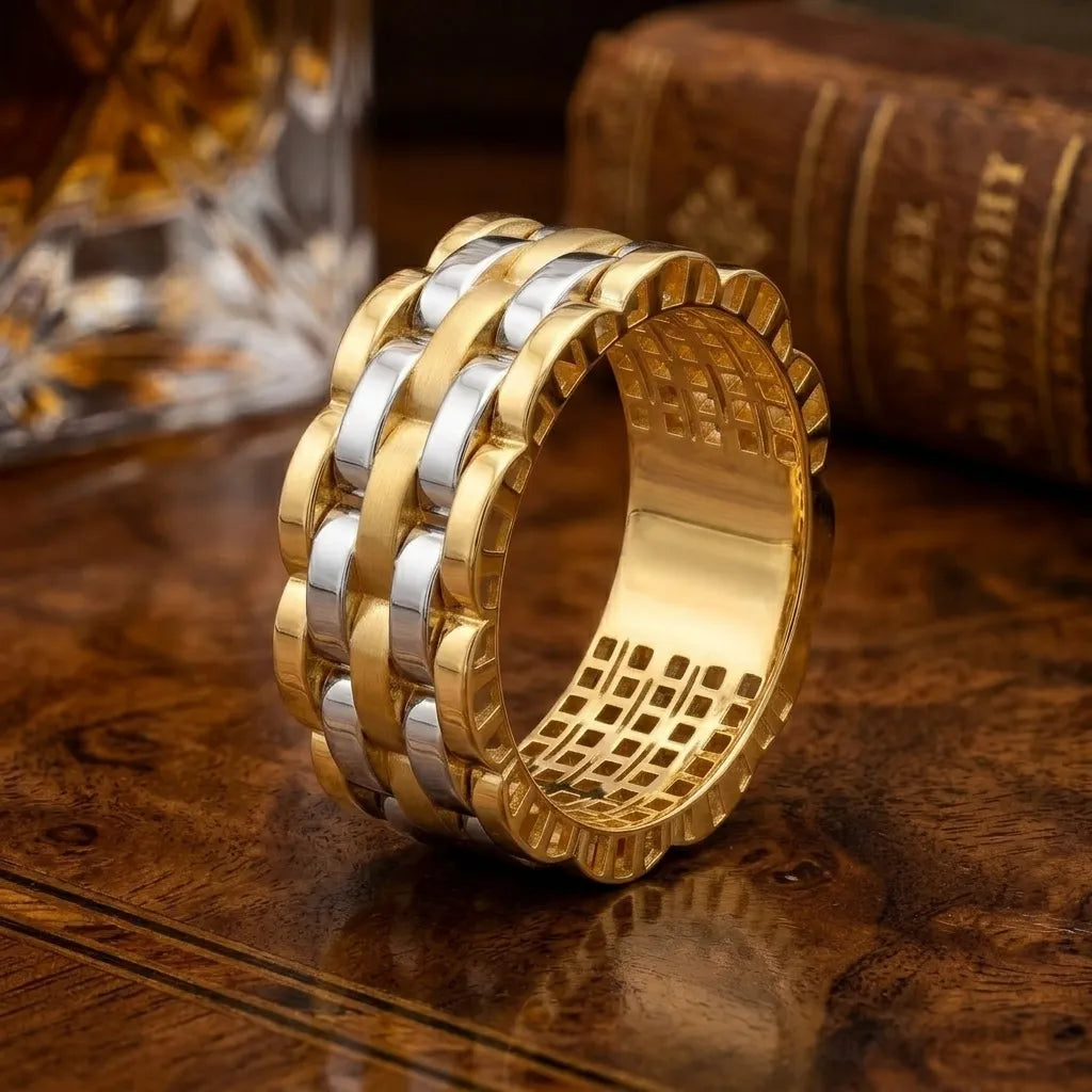 9K gold two tone Cuban link ring for men with wide layered gold and white-tone chain design by Marvel Silver.