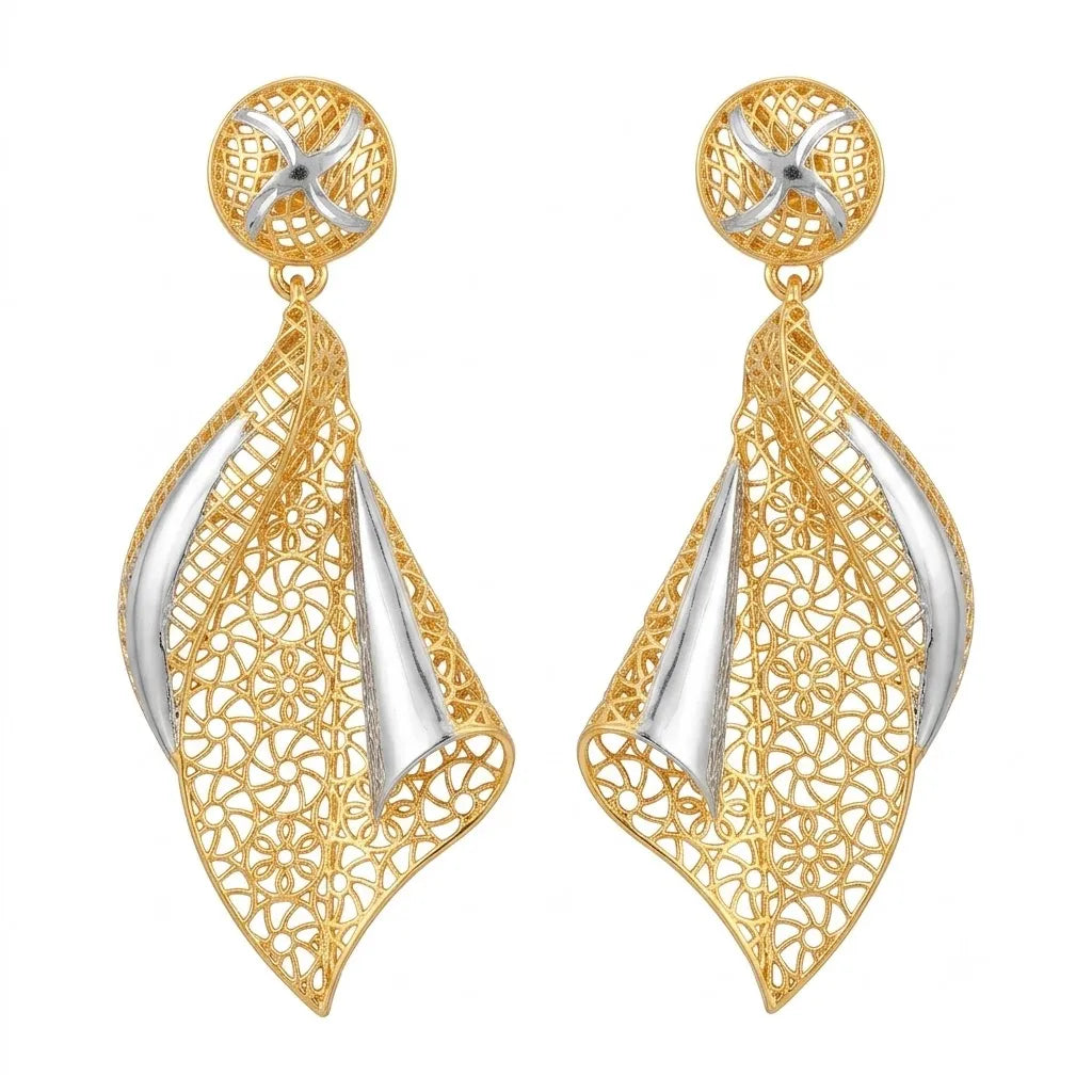 9K gold two tone floral leaf dangler earrings for girls with openwork design and silver-tone accents by Marvel Silver.