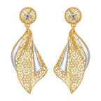 9K gold two tone floral leaf dangler earrings for girls with openwork design and silver-tone accents by Marvel Silver.