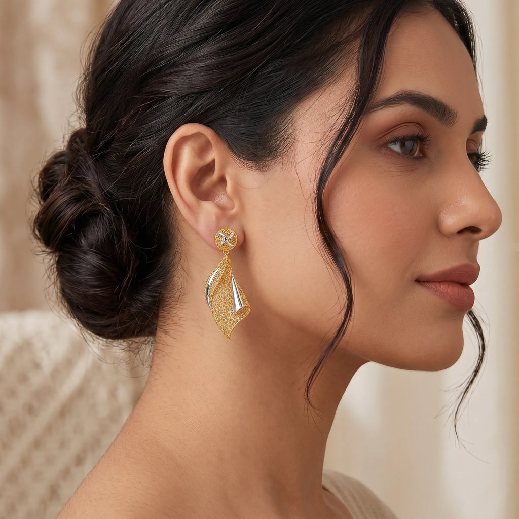 9K gold two tone floral leaf dangler earrings for girls with openwork design and silver-tone accents by Marvel Silver.