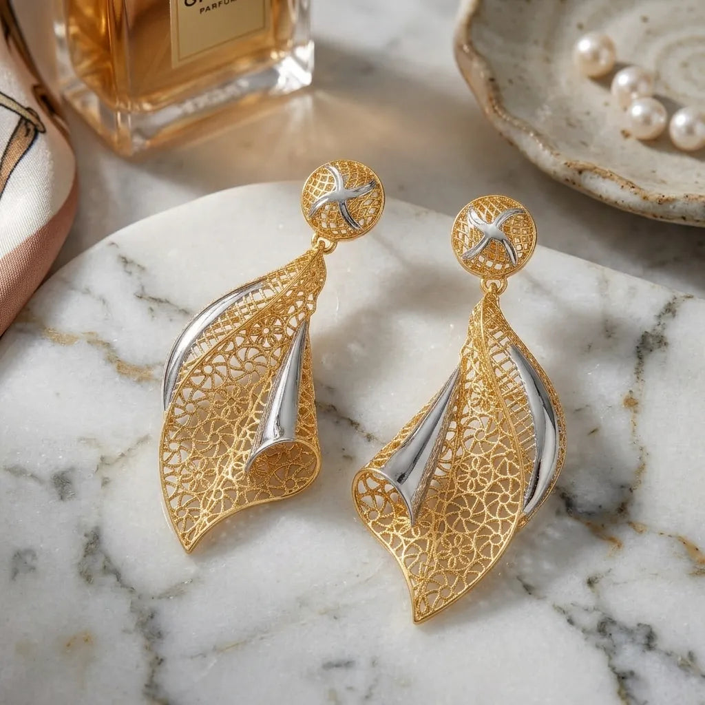 9K gold two tone floral leaf dangler earrings for girls with openwork design and silver-tone accents by Marvel Silver.