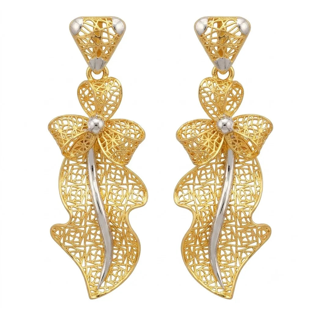 9K gold two tone floral leaf dangler earrings for girls with long openwork lattice design and silver-tone accents by Marvel Silver.