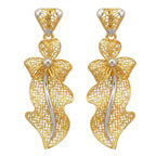 9K gold two tone floral leaf dangler earrings for girls with long openwork lattice design and silver-tone accents by Marvel Silver.