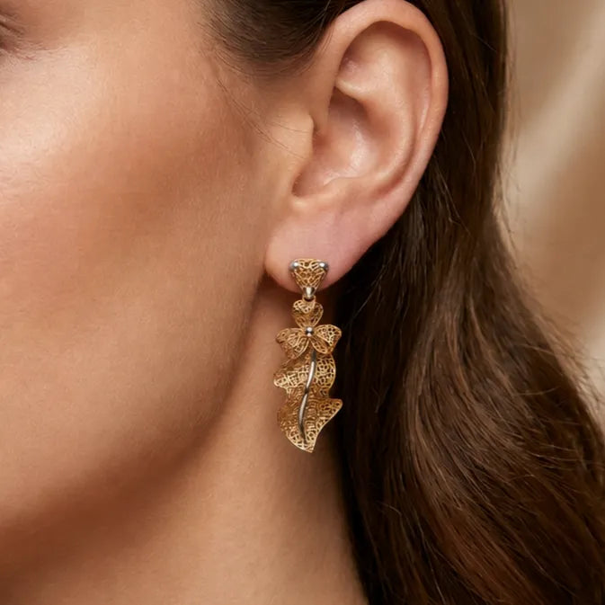 9K gold two tone floral leaf dangler earrings for girls with long openwork lattice design and silver-tone accents by Marvel Silver.