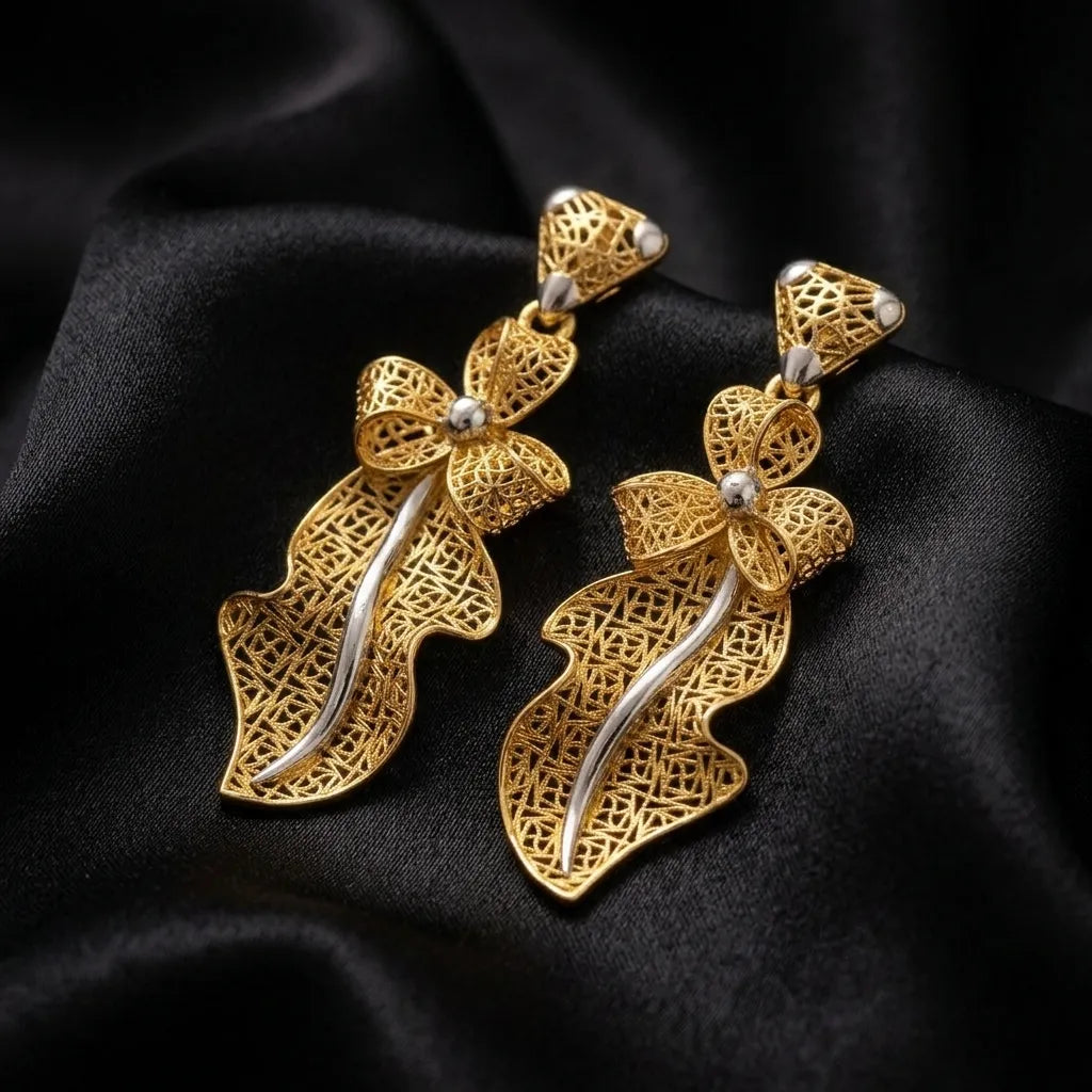 9K gold two tone floral leaf dangler earrings for girls with long openwork lattice design and silver-tone accents by Marvel Silver.