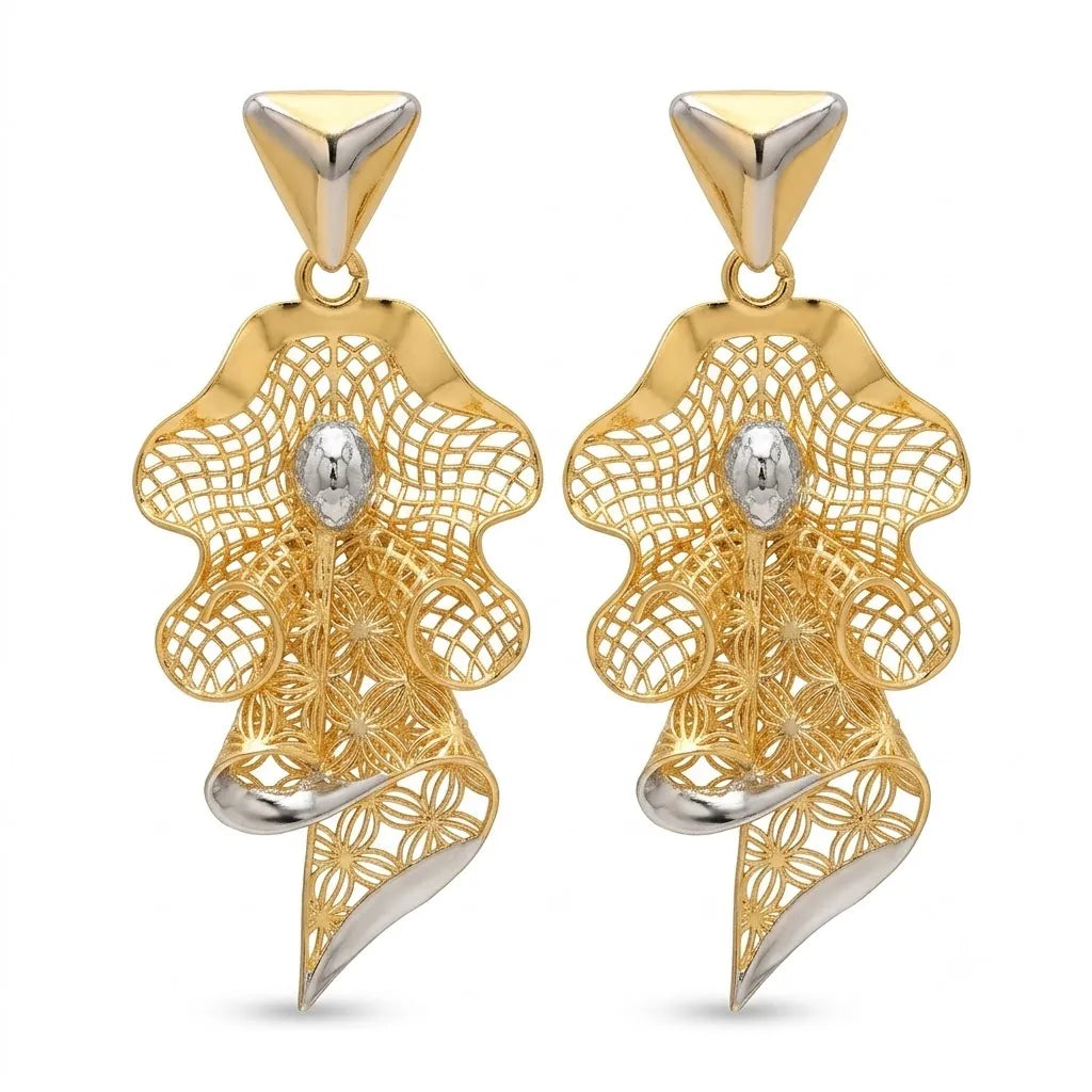 9K gold two tone floral mesh dangler earrings for girls with openwork lattice design and silver-tone accents by Marvel Silver.