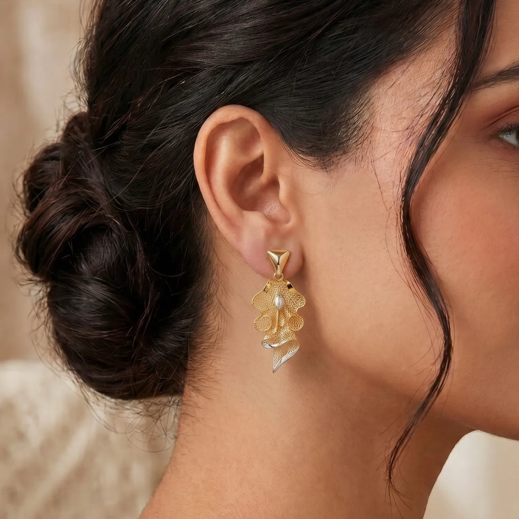9K gold two tone floral mesh dangler earrings for girls with openwork lattice design and silver-tone accents by Marvel Silver.