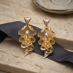 9K gold two tone floral mesh dangler earrings for girls with openwork lattice design and silver-tone accents by Marvel Silver.