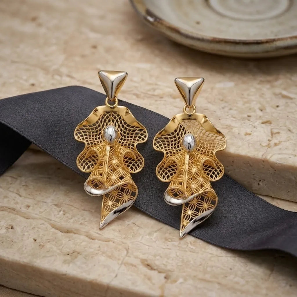 9K gold two tone floral mesh dangler earrings for girls with openwork lattice design and silver-tone accents by Marvel Silver.