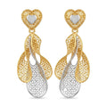 9K gold two tone heart leaf dangler earrings for girls with openwork lattice design and silver-tone heart detail by Marvel Silver.