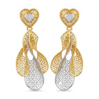 9K gold two tone heart leaf dangler earrings for girls with openwork lattice design and silver-tone heart detail by Marvel Silver.