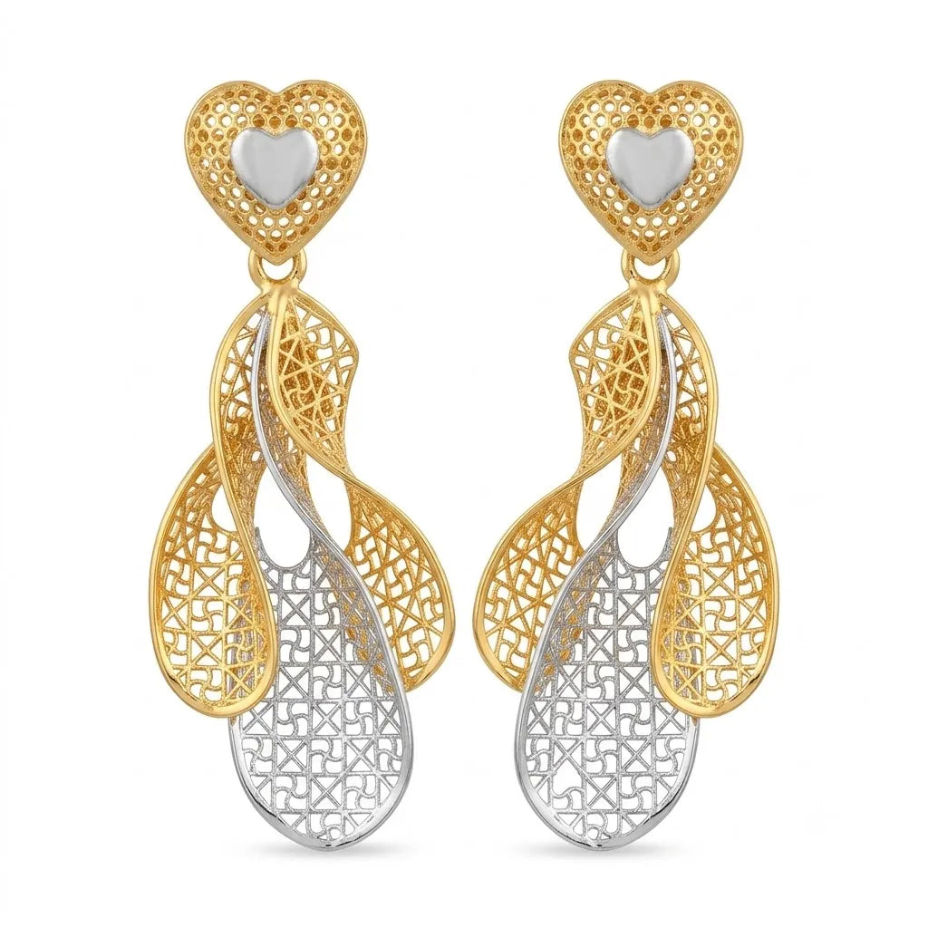 9K gold two tone heart leaf dangler earrings for girls with openwork lattice design and silver-tone heart detail by Marvel Silver.