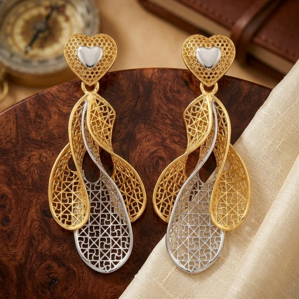 9K gold two tone heart leaf dangler earrings for girls with openwork lattice design and silver-tone heart detail by Marvel Silver.